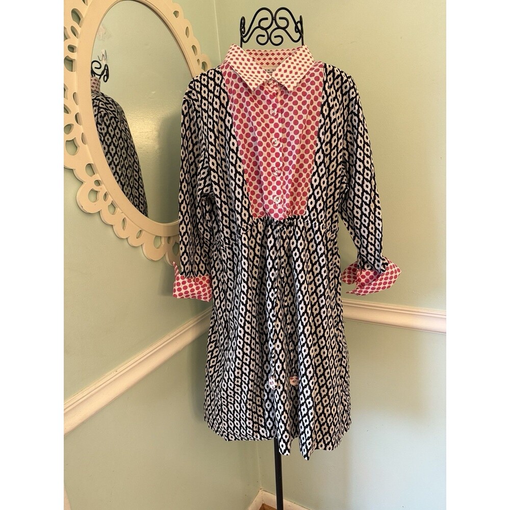 Gretchen Scott Designs Geometric Collared Drawstring Waist Cotton Pocket Dress S